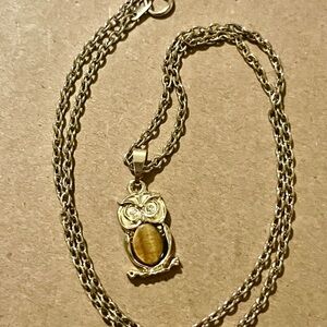 Tiny Dainty Tigers Eye Crystal Gemstone Owl Pendant Necklace 18in Chain
